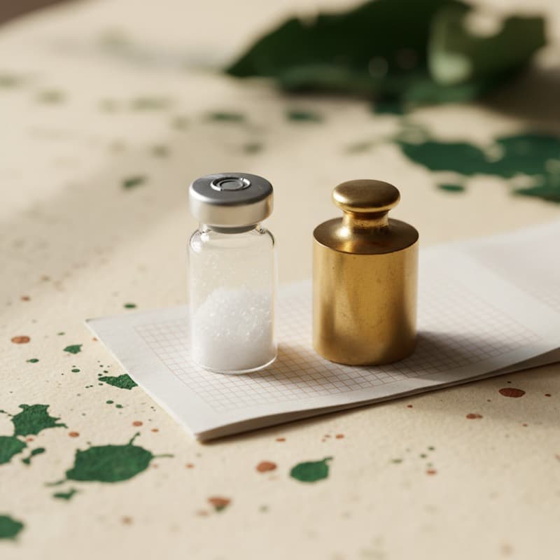 Editorial illustration: a vial of AOD-9604 research peptide on a weight-scale printout; research compound, not FDA-approved.
