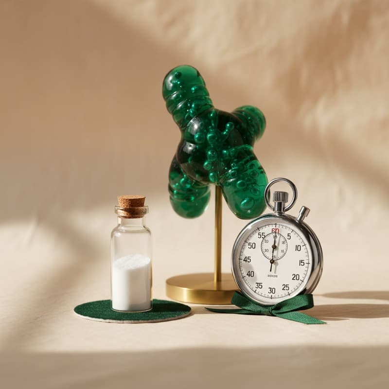 Editorial illustration: a vial of MOTS-c research peptide beside a green mitochondrion model; research compound, not FDA-approved.