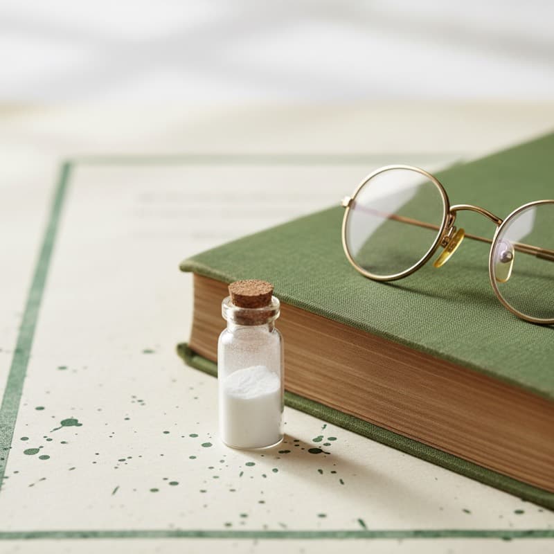 Editorial illustration: a vial of sermorelin beside a medical textbook; formerly FDA-approved as Geref, now compounded.