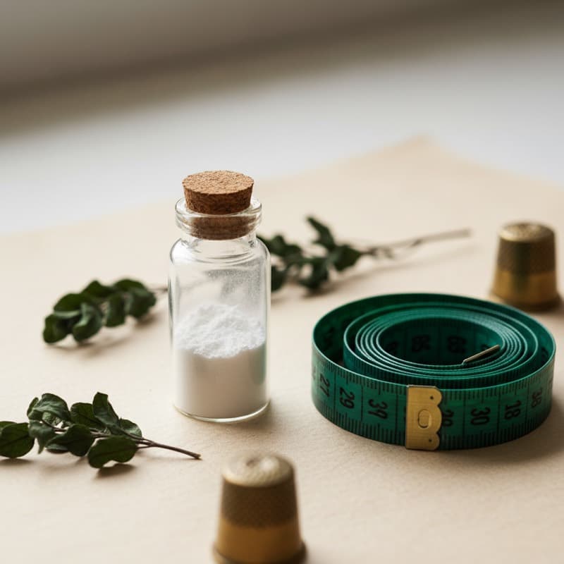 Editorial illustration: a vial of tesamorelin beside a measuring tape; FDA-approved as Egrifta for HIV-associated lipodystrophy only.