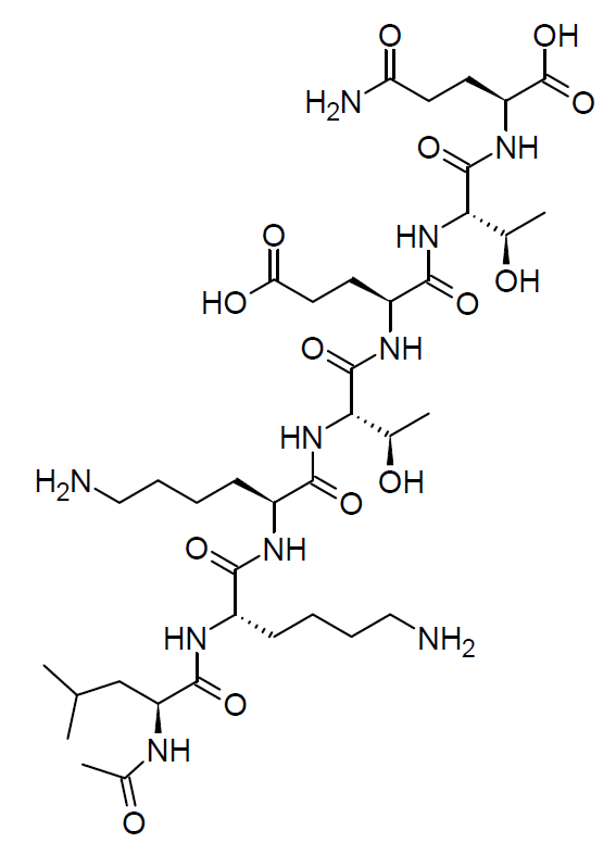 Chemical structure diagram of TB-500 (thymosin beta-4 fragment); research compound, not FDA-approved.